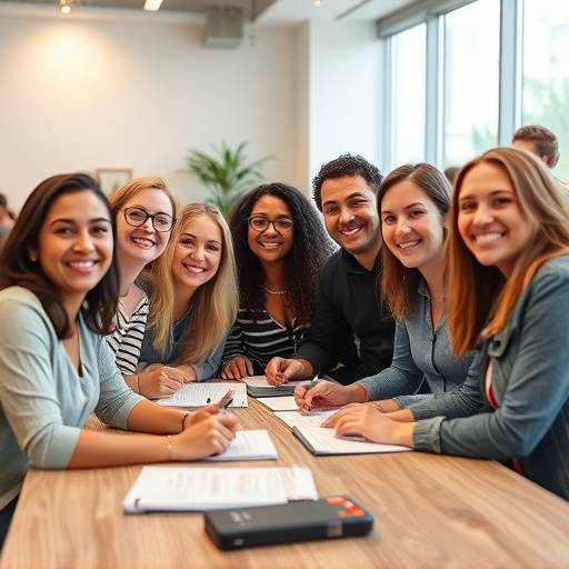 Uma foto da equipe sorrindo da Academia da Eloquência reunida em um ambiente de escritório moderno e acolhedor.