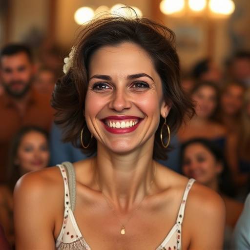 Uma mulher sorrindo e falando com confianäa em um palco.